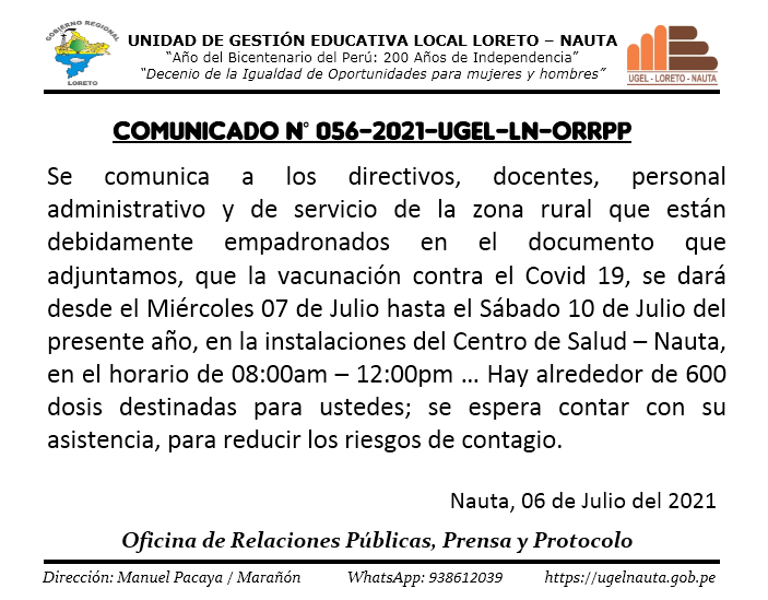 COMUNICADO Nº 056-2021-UGEL-LN-ORRPP